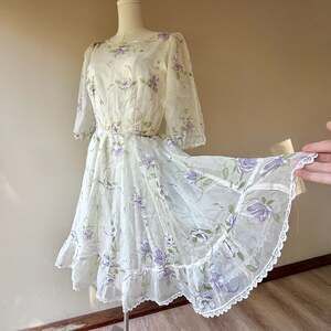 Vintage 1970s Floral Sheer Chiffon Ruffle Hem Square Dance Dress